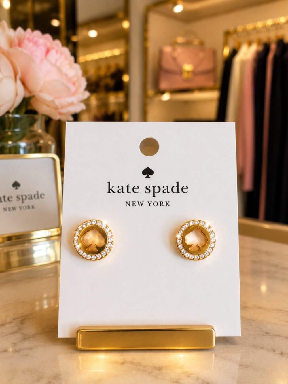 KATE SPADE New York Spot the Spade Pave Halo Stud Gold Crystal Logo Earrings